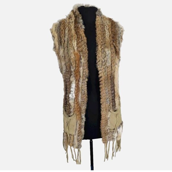 Real Rabbit Fur Knitted Vest w Fringe Tassels Pockets Stole Gilet Brown Women OS - Picture 1 of 7